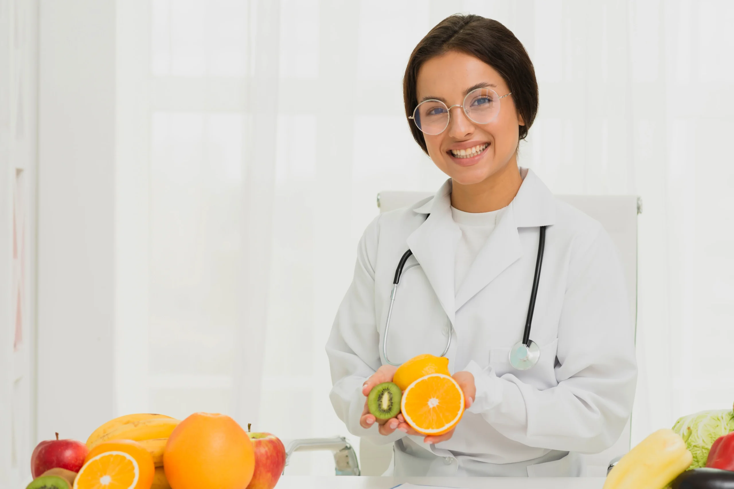 Consejos para el verano: Nutricionista, sosteniendo frutas frescas como naranja y kiwi para una mejor salud digestiva. | Gedyt Gastroenterología Diagnóstica y Terapéutica